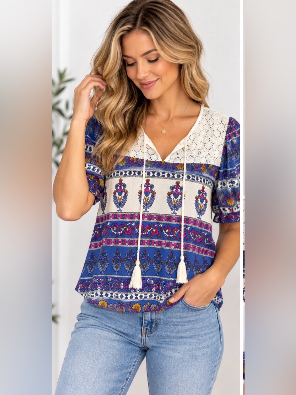 125 True Destiny Large Boho Floral Lace Yoke Tassel Tie Peasant Blouse Blue